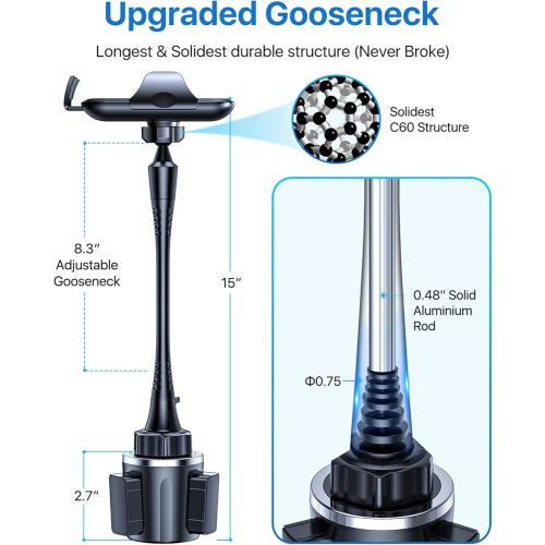 andobil Upgraded 15 Cup Holder Phone Holder, 【Solidest & Adjustable】 Military-Grade Long Gooseneck Cup Phone Holders for Your Car Truck, Car Phone Holder for iPhone 17 Pro Max 16 15 14/Samsung/Pixel
