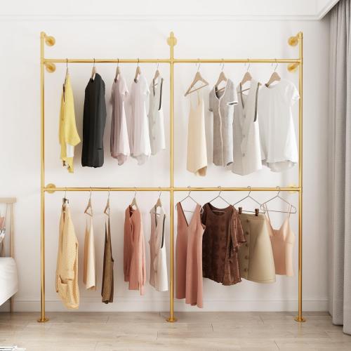 ORSENIGO Industrial Pipe Clothing Rack, Heavy Duty Metal Clothes Rack with Double Rods for Hanging Clothes, Wall Mount Space-Saving Garment Display Rack (Double, Gold)