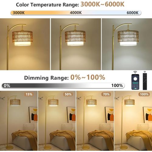 Gold Floor Lamps for Living Room with Remote & Dimmable LED Bulb, Modern Arc Floor Lamp with 3 Color Temperatures, Boho Standing Lamp with Rattan & Fabric Shades, Adjustable Tall Lamp for Bedroom