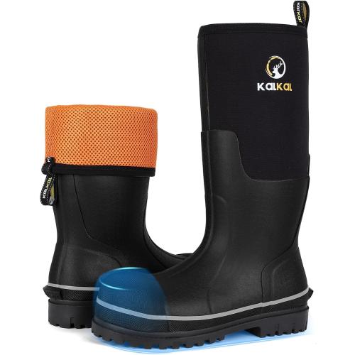 Size 9-10 Kalkal Steel Toe Rubber Boots For Men, Waterproof Rubber Work Boots With Steel Shank, Puncture-Proof Safey Composite Toe Hunting Boots for Farming, Gardening, Fishing, Outdoor Work