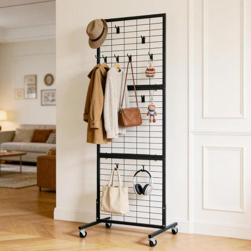 Foldable 3-Tier Wire Grid Wall Display Rack, Tool-Free Assembly Gridwall With Removable Hooks, Mobile Grid Panel For Home Storage, Retail Display & Vendor Events, Black Wire Grid Wall Panel Display