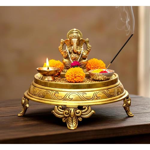 eSplanade Brass Decorative Round Pooja God Stool | Brass Chowki | Home Decor Sitting Table - 7 Inches