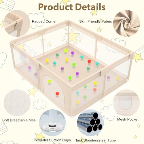 Playpen for Babies and Toddlers 71x59inch - Extra Large Baby Gate Play Pen with Soft Breathable Mesh Cover - Indoor and Outdoor Baby Play Fence - Portable Playpen for Babies (Apricot)
