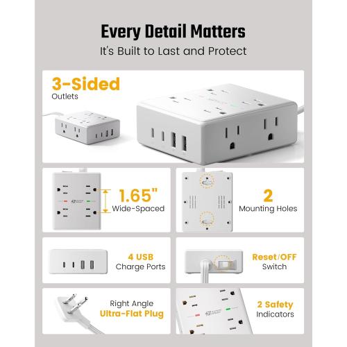 10Ft Extension Cord with Multiple Outlets, Flat Plug Surge Protector Power Strip 10 Ft Long Cord, 8 Outlets & 4 USB Ports (2 USB C), Desk Charging Station for Home Office, College Dorm Room Essentials