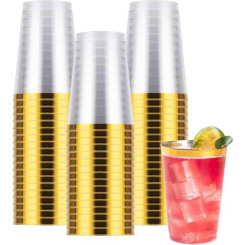 Goodluck 50PCS 12oz Gold Plastic Cups for Party, Disposable Gold Rim Cups, Plastic Cocktail Glasses for Wedding Thanksgiving, Christmas, and Parties
