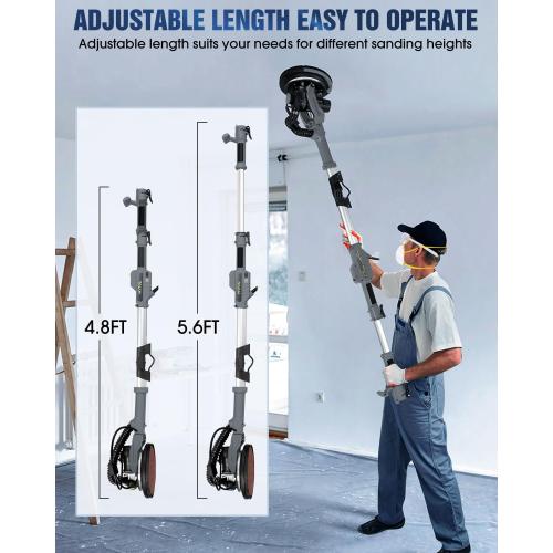 Size 4.8FT to 5.6FT Drywall Sander, MYTOL 7.2A Electric Wall Sander with Vacuum Dust Collection, 6 Adjustable Speeds 900-1800RPM, LED Light, Extendable Handle, Foldable Electric Drywall Sanders 12Pcs Sanding discs-Grey