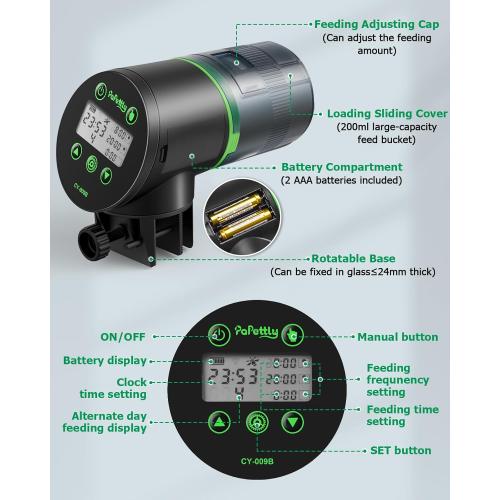 Automatic Fish Feeder for Aquarium, Auto Fish Food Dispenser with Timer and Feeding Ring, Moisture-Proof, Smart Fish Tank Vacation Feeder with 2 AAA Batteries