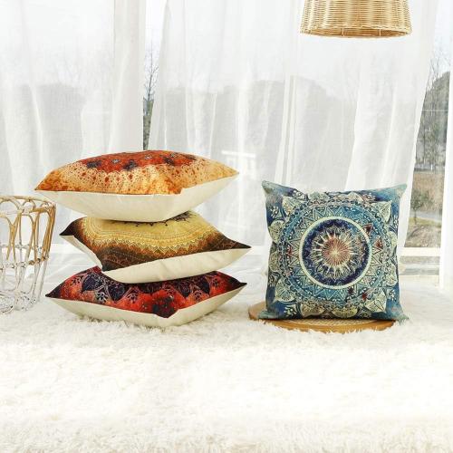 Set of 4 retro cushion covers with compass medallion and floral mandala, bohemian style, boho hippie decor, decorative cushions for sofa or armchair.