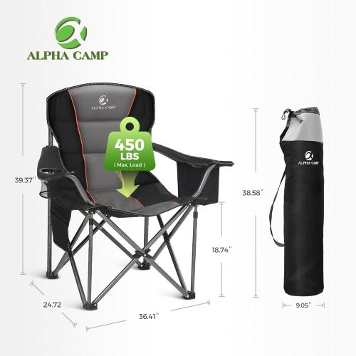 Size 450 lbs ALPHA CAMP Oversized Camping Folding Chair, Heavy Duty Support 450 LBS Steel Frame Collapsible Padded Arm Chair with Cup Holder Quad Lumbar Back, Portable for Outdoor