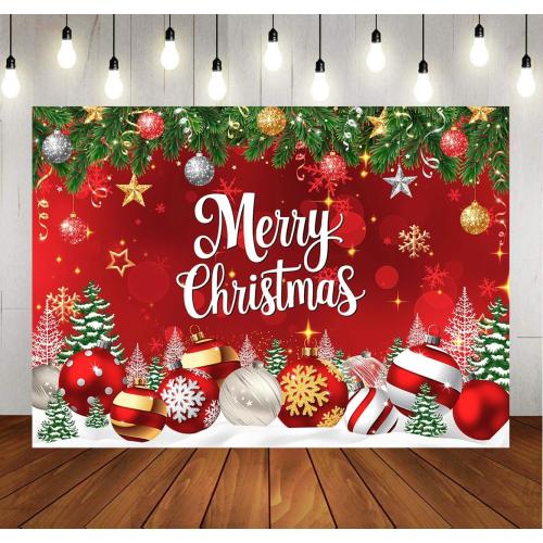 7x5ft Red Christmas Backdrop Merry Christmas Photography Background Xmas Tree Bell Snowflake Party Decoration Banner X-324