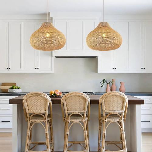 Large Rattan Pendant Light, 19.7 Rattan Boho Wicker Chandelier Hand-Woven Basket Pendant Light Fixtures for Dining Room Kitchen Island Living Room