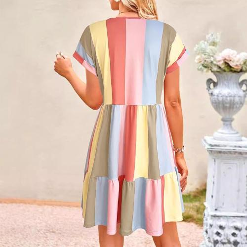 Size XL Color multi Womens Summer Multicolor V Neck Short Sleeves Casual Babydoll Knee-Length Dress Color Block Stripes Tiered Swing Mini Dresses