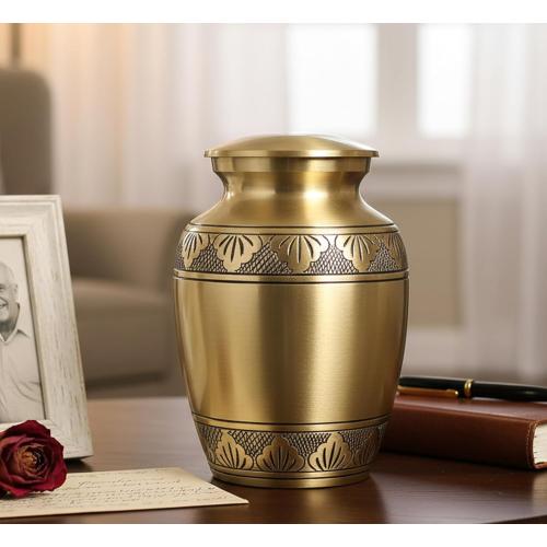 eSplanade Brass Cremation Urn Memorial Jar Pot Container | Medium Size Urn for Funeral Ashes Burial | Engraved Metal Urn | Bronze - 6 Inches
