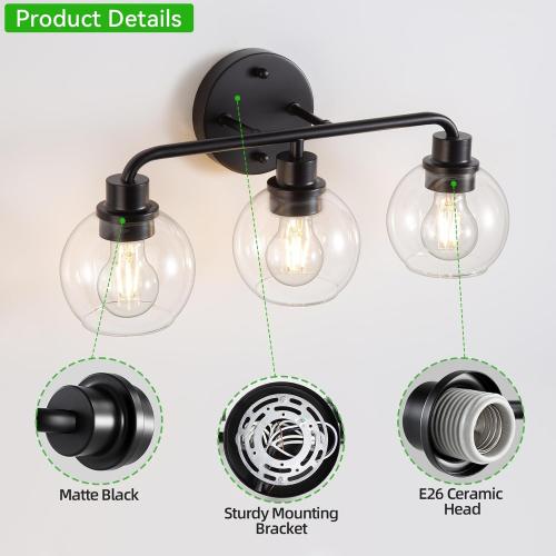 Bathroom Light Fixtures Black Vanity Light, 3 Light Modern Wall Sconces Lighting Bathroom Lights with Globe Clear Glass Shades, Bath Wall Lights Wall Lamp for Mirror Kitchen Living Room Hallway