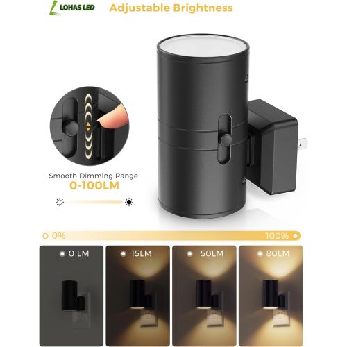 Black 2 Pack L LOHAS LED Night Light Plug in, Modern Night Lights Plug into Wall, Dusk to Dawn Sensor, Soft White 3000K, 0-100LM Adjustable Brightness, Dimmable Night Lights for Hallway Bedroom Stairway, 2 Pack