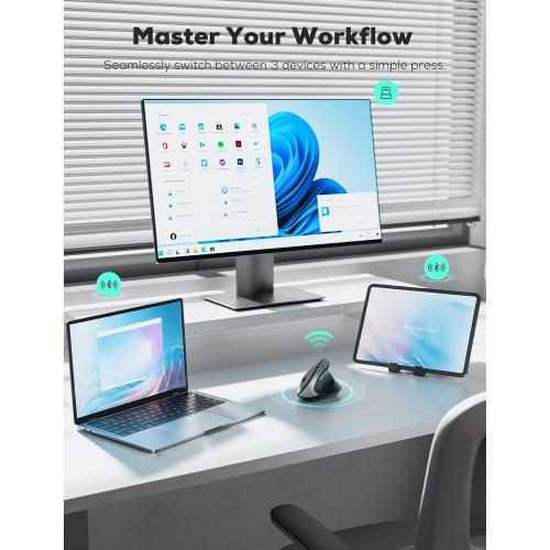 Nulea MD280 Ergonomic Vertical Wireless Mouse - Bluetooth & 2.4G Dual Mode, 4 Adjustable DPI 800/1200/1600/2400, Rechargeable, Silent Clicks, No Lag, 6 Buttons - Perfect for Laptop, Desktop Black