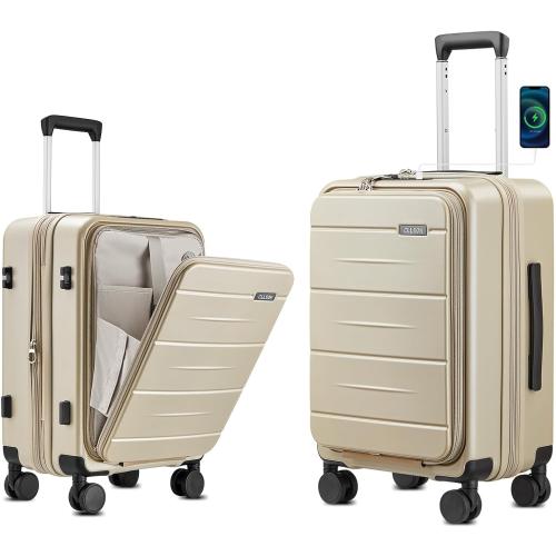 Carry On Luggage with Top Opening, Expandable with Front Pocket and USB Charging Port, Lightweight with Front Compartment Rolling Suitcases with Spinner Wheels (Khaki, 20 Inch)