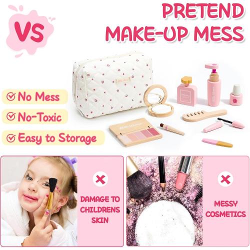 Lonico Wooden Makeup Toy Set for Girls Pretend Play Makeup Kit for Toddlers 3-5 with Eyeshadow/ Mascara/ Perfume/ Blush/ Mirror/ Bag, Birthday Gifts for Girls Toys Kids Aged 3 4 5 6 7 8