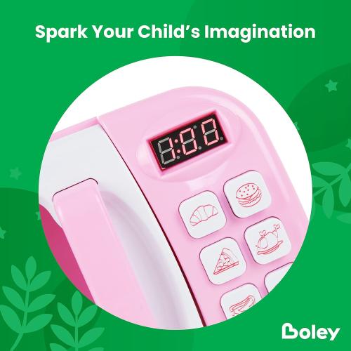 Boley Pink Microwave Playset - 11 Pc Light & Sound Pretend Play Kitchen Toys Set with Play Food for Kids Ages 3