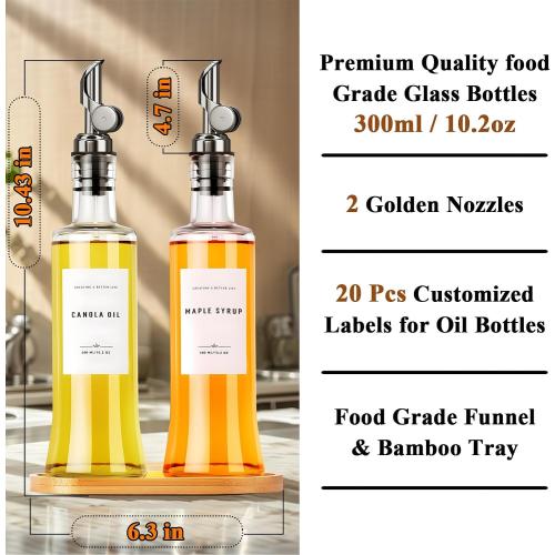 Olive Oil Dispenser Bottles for Kitchen with Bamboo Tray, Oil and Vinegar Dispenser Set, Coffee Syrup Dispensers, Glass Dispensers for Kitchen, Dispenser Bottle of 300ml - Set of 2 Black