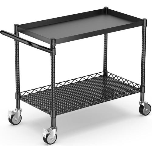 Leteuke 2 Tier Utility Cart with Wheels, NSF Certified 900LBS Capacity Heavy Duty Rolling Utility Carts with Handle Bar, Commercial Grade Metal Serving Storage Cart for Warehouse Garage Kitchen, Black