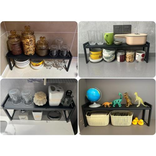 2 Pack Expandable Cabinet Shelf Organizer 16-26 L Stackable Kitchen Counter Shelves Rack Stand Sink Riser Countertop Storage Black (Narrow 5.1”D)