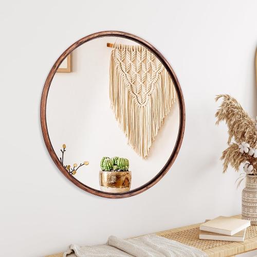 Round Solid Oak Wood Mirror, 24x24 Inch Medium Size, Walnut Frame, Modern Decorative Wall Makeup Mirror for Bathroom, Bedroom, Living Room(Walnut, 24 x 24)