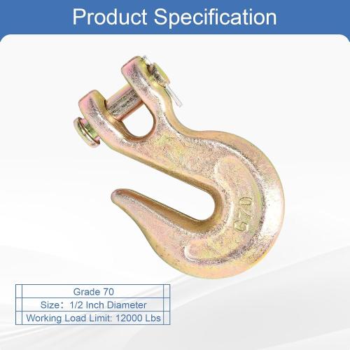 1/2 Inch 2Pcs Clevis Grab Hooks Grade 70 Chain Hook 12000 Lbs Working Load Limit for Trailer Truck Transport, Yellow Zinc Finish