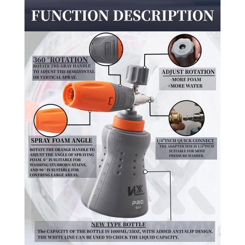 NIXX Foam Cannon PRO S2.0, Snow Foam Lance for Pressure Washer （1L Wide Bottle), 1/4 Inch Quick Connect - Adjustable Car Wash Foam Gun Sprayer, Soap Blaster Accessories.