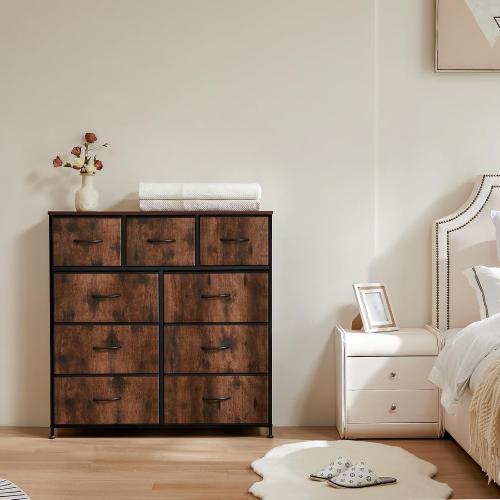 Sweetcrispy Dresser for Bedroom with 9 Storage Drawers, Large Fabric Storage Tower Organizer, Chest of Drawers with Metal Frame Wooden Top for Closet, Living Room, Entryway, Brown