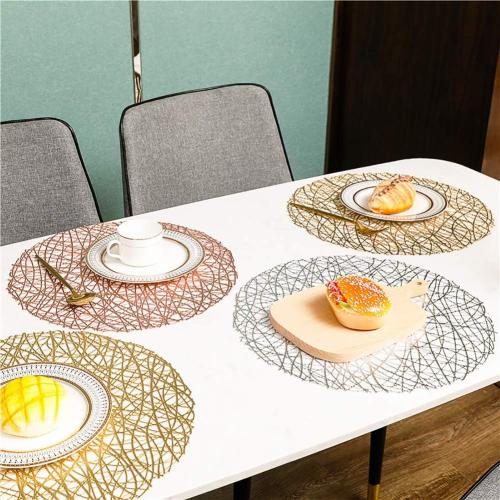 4 pack .....Gold Round Placemats for Dinner Table Set of 4Metallic Hollow Out Line Circle Table Mats Vinyl Place Mats for Dinning Decor Wedding Accent Centerpiece