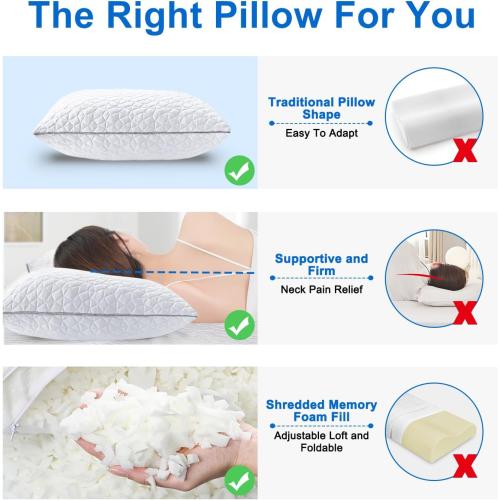 Cooling Pillows Queen Size Set of 2, Shredded Memory Foam Pillows, Adjustable Firm Bed Pillows Cool Cold Pillow for Hot Side Back Stomach Sleepers with Removable Washable Cover, 20 x 30, White