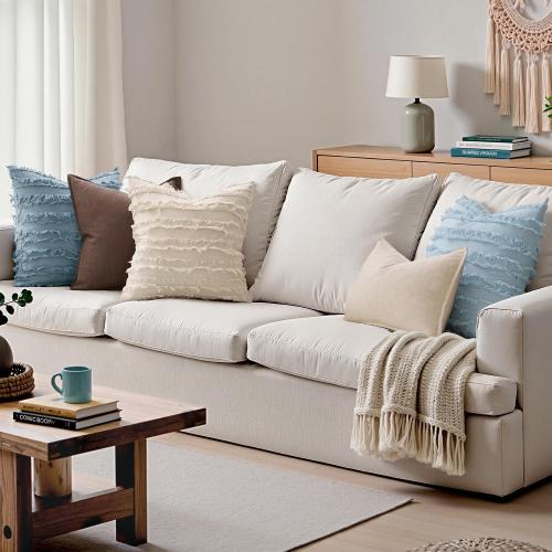 MIULEE Decorative Boho Throw Pillow Covers Set of 2 Spring Neutral Beige Linen Striped Jacquard Pattern Modern Cushion Covers for Sofa Couch Living Room Bedroom 18x18 Inch Home Decor