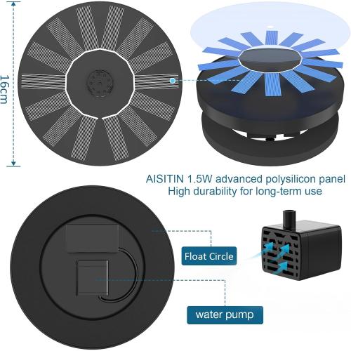 AISITIN Solar Bird Bath Fountain, Solar Fountain Pump for Bird Bath with 6 Nozzles, Solar Powered Water Pump for Garden, Ponds, Pool, Outdoor and Fish Tank, 1.5W-New, 2 Pack