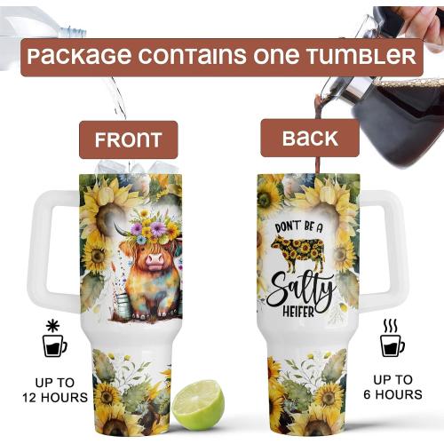Fancyfams Highland Cow tumbler, 40 oz Stainless Steel Tumbler with Handle Lid and Straw, Cow Gifts for Women Print Mug Cups Lovers Themed Gifts Cute Stuff (Salty 40oz)
