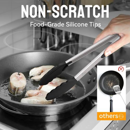 HOTEC Premium Stainless Steel Locking Kitchen Tongs with Silicon Tips, Set of 3-7, 9 and 12 (Black,Grey,Khaki)