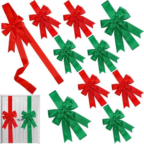MCEAST 10 Pieces Classic Christmas Door Cabinet Bows, Red, Green Polyester Ribbons, 10 x 87 Inches