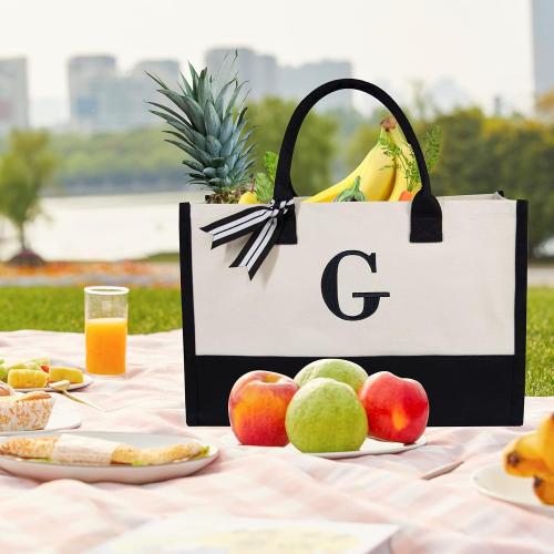 TOPDesign Personalized Initial Canvas Beach Bag, Monogrammed Gift Tote Bag for Women