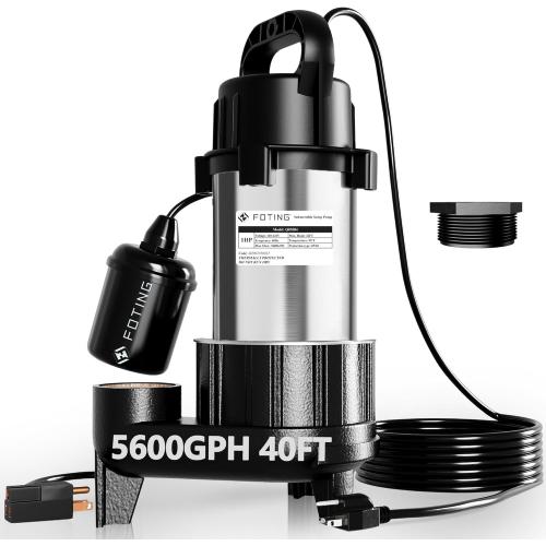 FOTING 1HP 5600 GPH 40FT Sump Pump Submersible Sewage/Effluent Pump - Heavy Duty Cast Iron Automatic/Manual - 115V Septic Pump for Sump Basin/Residential/Sewage/Basement, 2'' NPT,Black