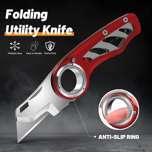 Folding Utility Knife Pocket Knife, Heavy-Duty Box Cutter with Aluminum Body, Quick Change Blades, Anti Slip Finger Loop, Box Cutter for Home, Office, Warehouse, Durable Razor Knife, Box Knife - Red