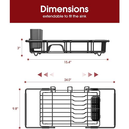 Dish Drying Rack in Sink - Expandable Stainless Steel Dish Rack Over The Sink, Kitchen Sink Drain Strainer with Cutlery Holder & Cup Holders, 15.4 x 9.8 x 3.0 Inch, Black