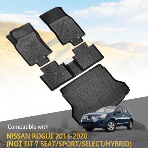 Pleoos® Floor Mats for Rogue 2014 2015 2016 2017 2018 2019 2020(Not Fit 7 Seat/Sport/Select/Hybrid), All-Weather TPE Rubber Floor Liners, Automotive Accessories Front, 2nd Row & Trunk Mat