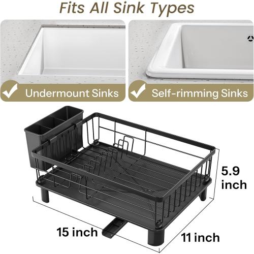 SNTD Dish Drying Rack - Small Dish Rack for Kitchen Counter, Stainless Steel Dish Drainer with Utensil Holder and Drainboard, 11 W x 15 L (Black)