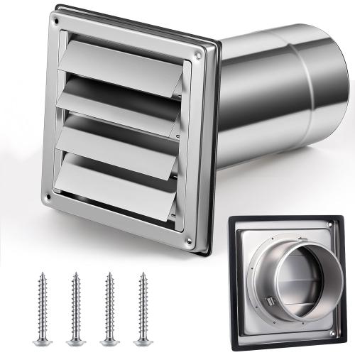 Shimeyao 4 Wall Vent Cover Stainless Steel Outside Dryer Vent Covers for House Exhaust Duct Kit with Removable Extension Pipe 8 Inch and 4 Screw for House Outdoor Extended Air Pipe, Silver