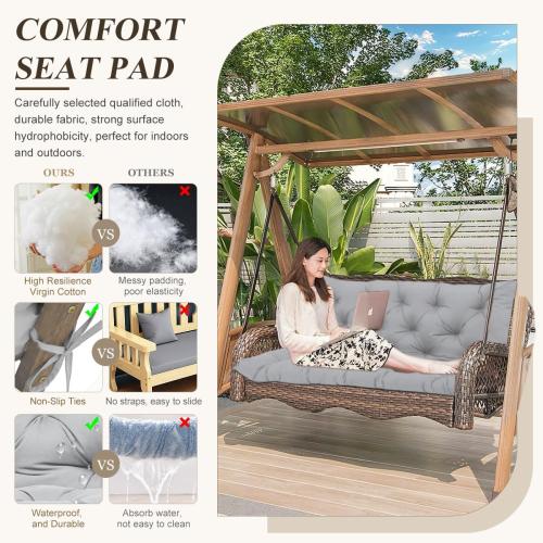 Outdoor Swing Replacement Cushions, 2 or 3 Seats Bench Cushion with Ties, Thicken 4 Recliner Seat Pad for Patio Furniture, Waterproof Premium Tufted Cushion with Backrest(Light Grey)