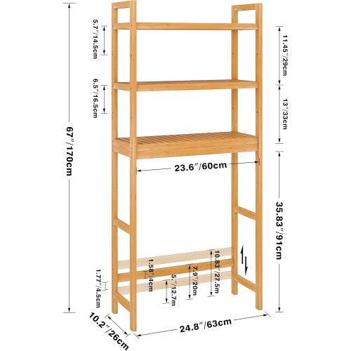 SMIBUY Bathroom Storage Shelf, Bamboo Over-The-Toilet Organizer Rack, Freestanding Toilet Space Saver with 3-Tier Adjustable Shelves (Natural)