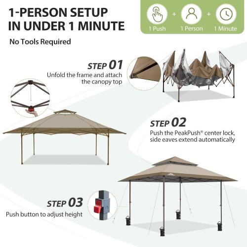 EAGLE PEAK 13x13 Straight Leg Pop Up Canopy Tent Instant Outdoor Canopy Easy Single Person Set up Folding Shelter w/Auto Extending Eaves 169 Square Feet of Shade (Beige)
