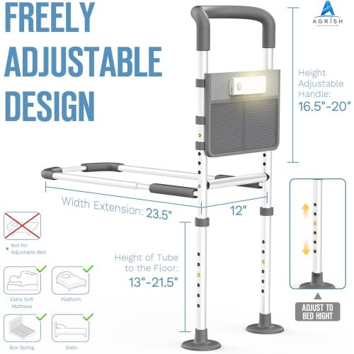 Agrish Bed Rails for Elderly Adults Safety - with Motion Light & Storage Pouch, Bedside Assist Bar with Support Legs for Seniors & Surgery Patients - Medical Bed Rail
