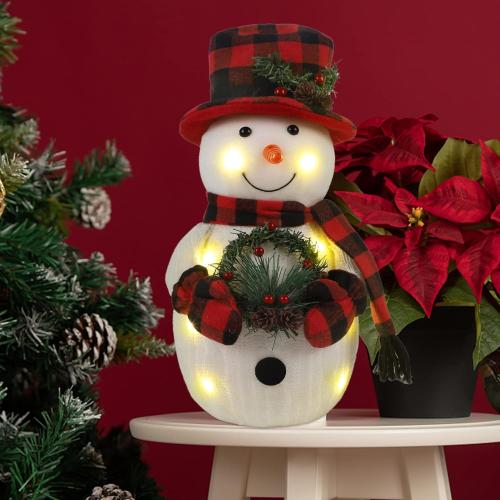Christmas Lighted Snowman, 12 With Wreath Table Decorations, Red Black Plaid Xmas Decor for Home Kitchen Holiday Party
