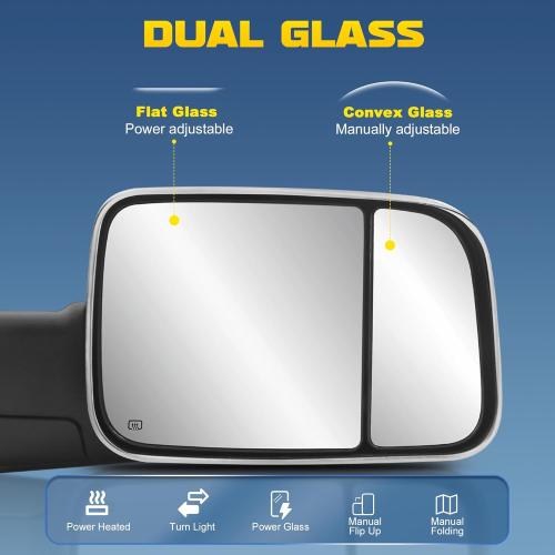 Pair Power Heated Towing Mirrors Compatible for 2002-08 Dodge 1500, 2003-09 Ram 2500 3500 w/Turn Signal Side Tow Mirrors Extendable Flip Fold (Chrome)